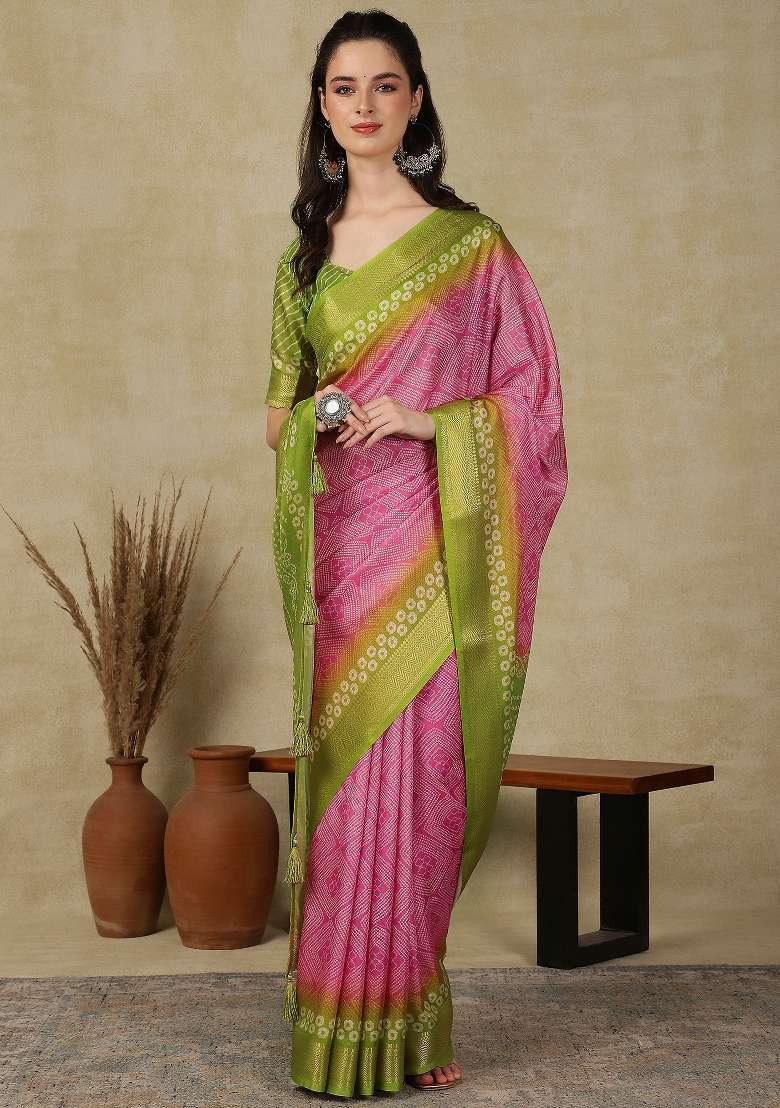 Pink Printed Cotton Blend Saree Set - Indya