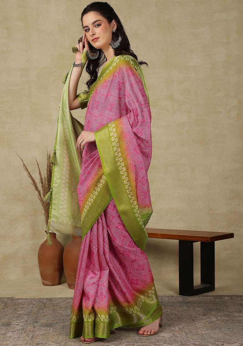 Pink Printed Cotton Blend Saree Set - Indya