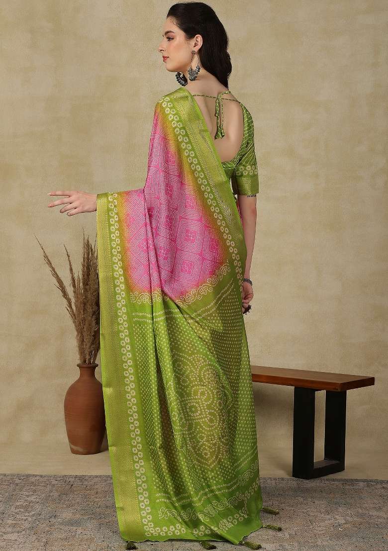 Pink Printed Cotton Blend Saree Set - Indya