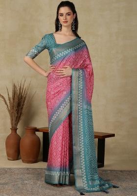 Pink Printed Cotton Blend Saree Set