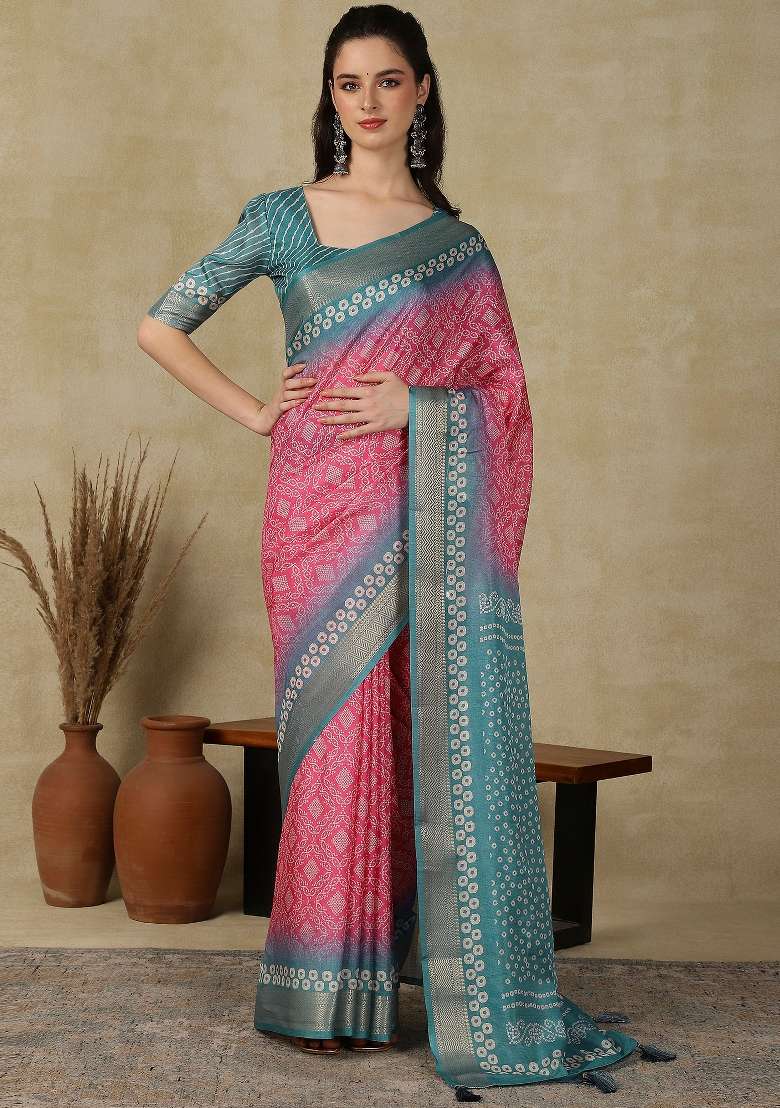 Pink Printed Cotton Blend Saree Set - Indya