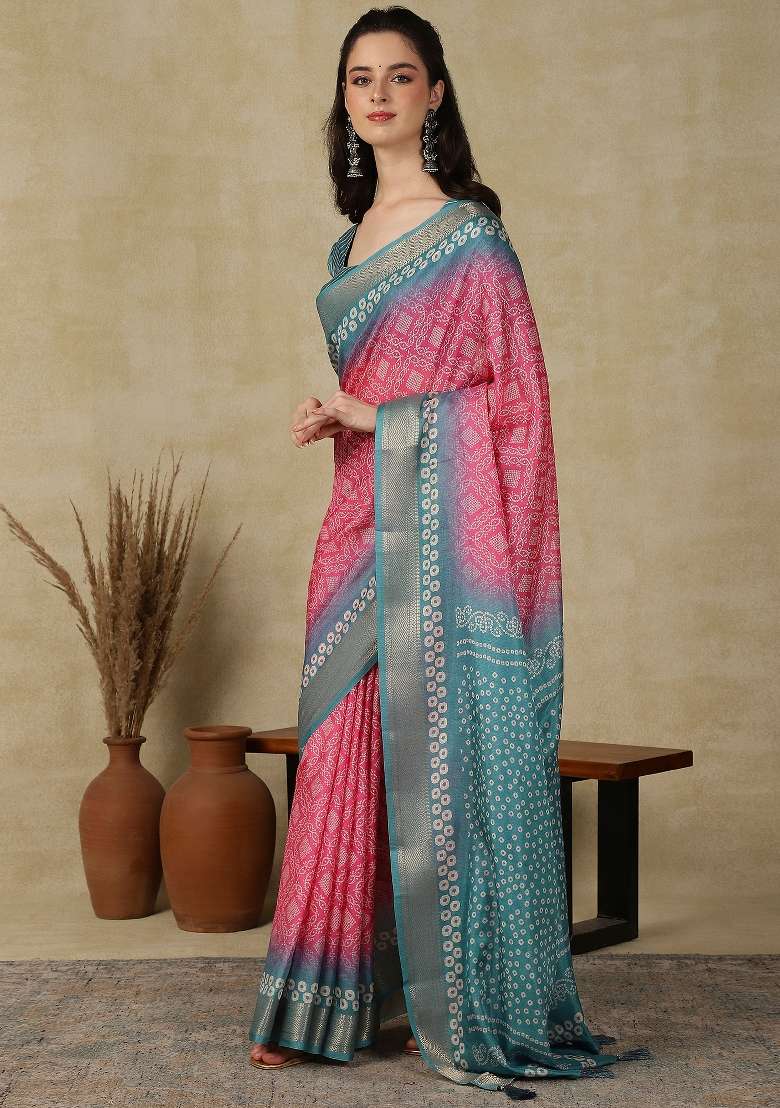 Pink Printed Cotton Blend Saree Set - Indya