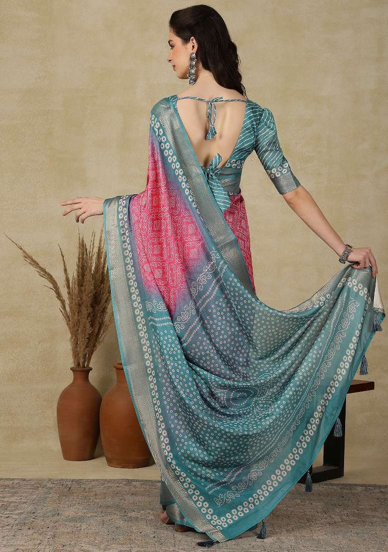 Pink Printed Cotton Blend Saree Set - Indya