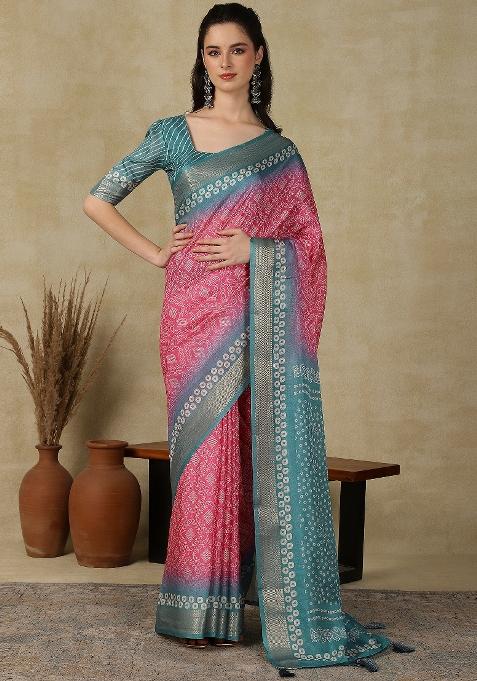 Pink Printed Cotton Blend Saree Set — view on Indya