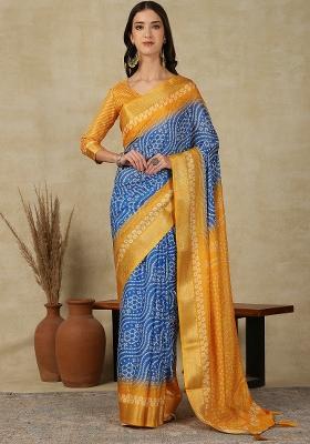 Blue Printed Cotton Blend Saree Set