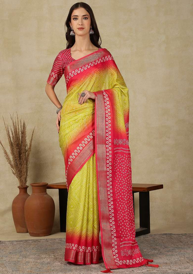 Yellow Printed Cotton Blend Saree Set - Indya