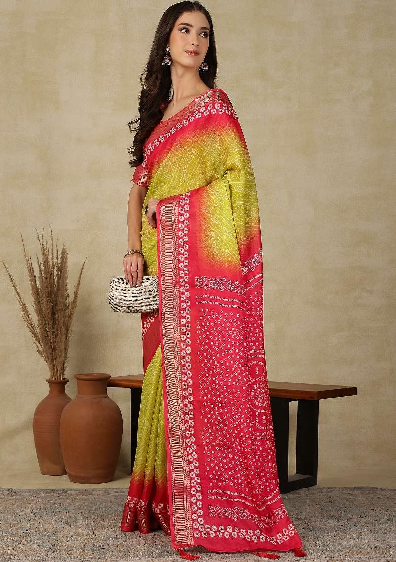 Yellow Printed Cotton Blend Saree Set - Indya