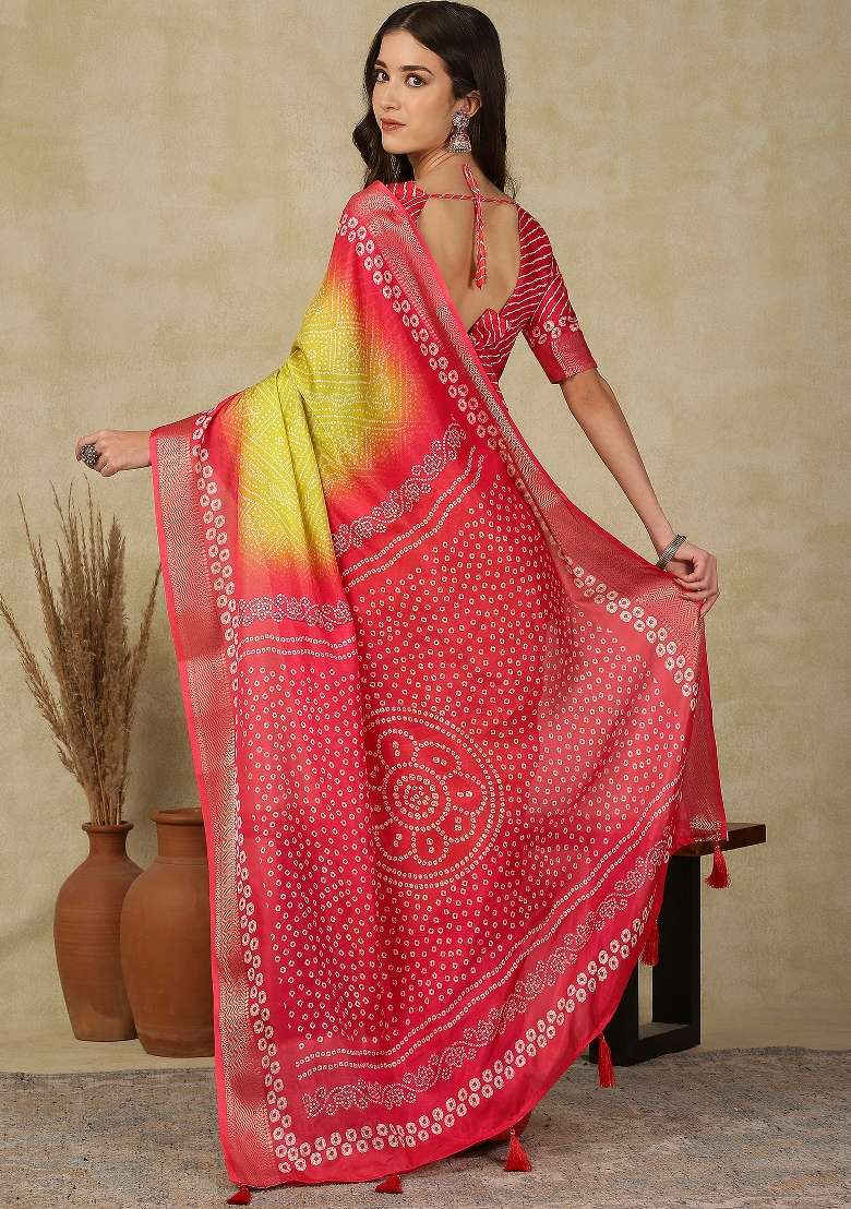 Yellow Printed Cotton Blend Saree Set - Indya