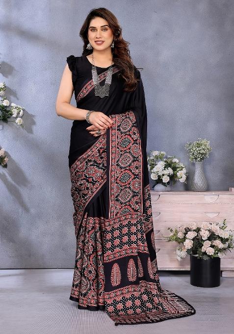 Black Printed Crepe Saree Set — view on Indya