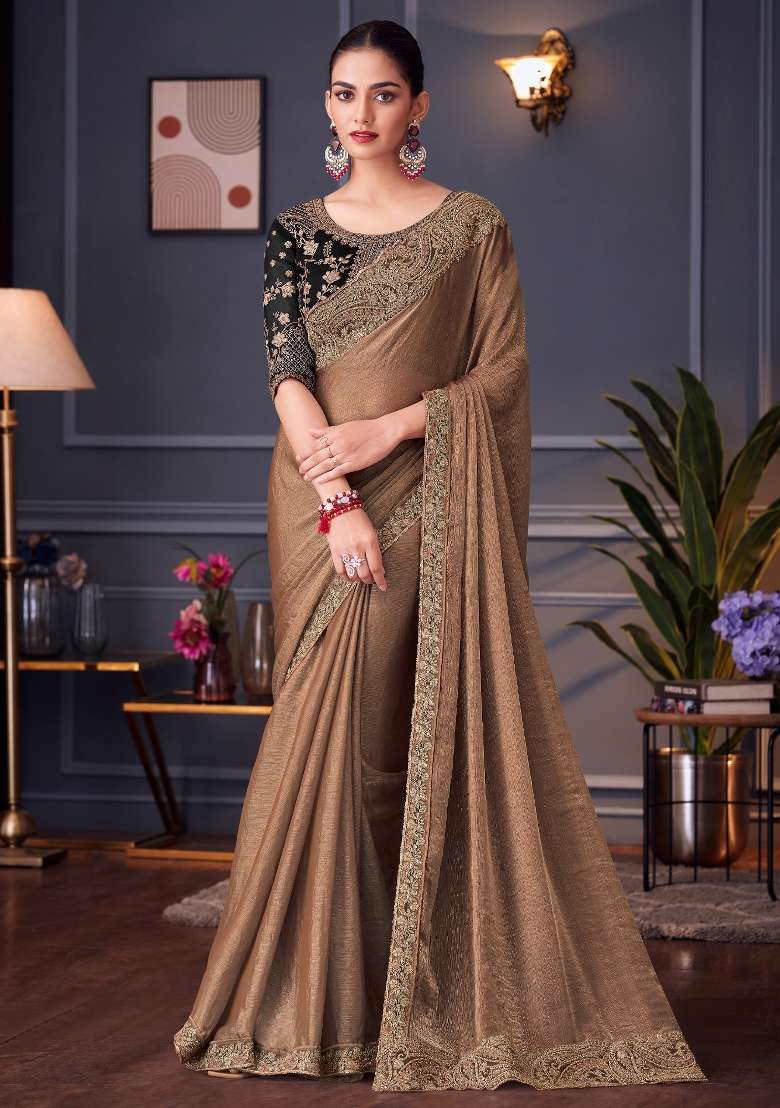 Rust Printed Pure Chiffon Saree Set for Diwali and Festive Wear - Indya