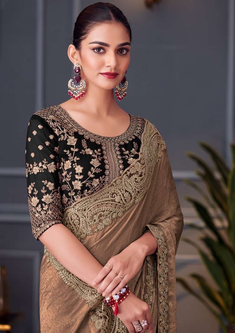 Rust Printed Pure Chiffon Saree Set for Diwali and Festive Wear - Indya