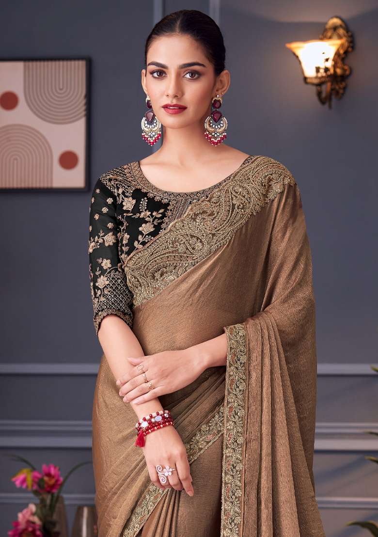 Rust Printed Pure Chiffon Saree Set for Diwali and Festive Wear - Indya