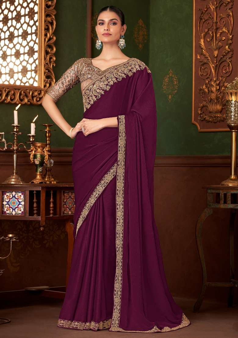 Magenta Chiffon Saree Set with Printed for Diwali | Wedding & Festive Wear - Indya