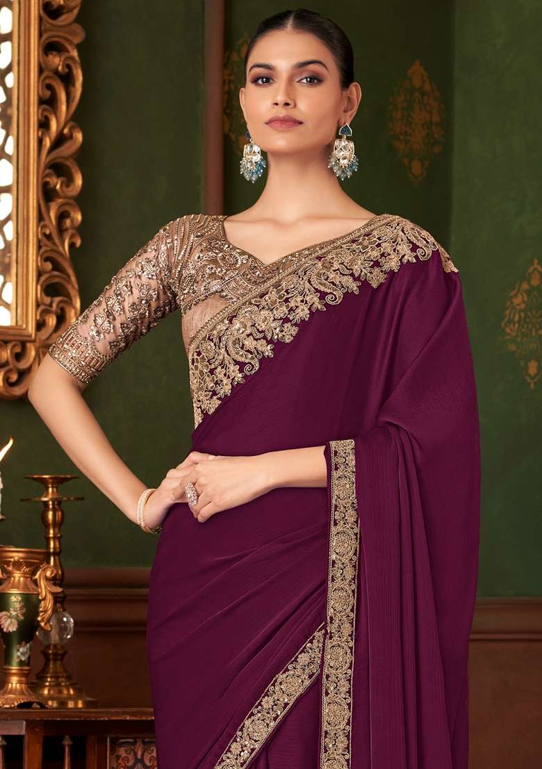 Magenta Chiffon Saree Set with Printed for Diwali | Wedding & Festive Wear - Indya