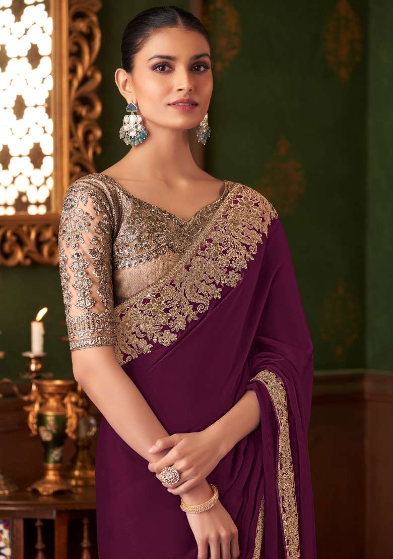 Magenta Chiffon Saree Set with Printed for Diwali | Wedding & Festive Wear - Indya