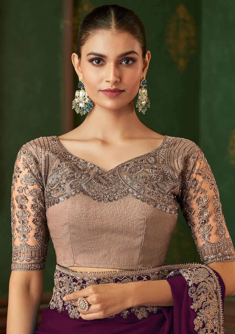 Magenta Chiffon Saree Set with Printed for Diwali | Wedding & Festive Wear - Indya