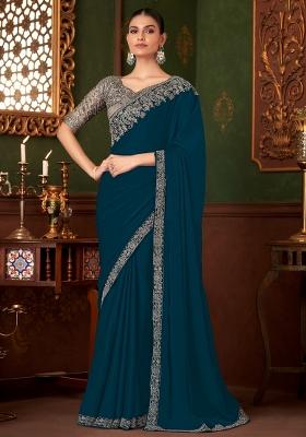 Teal Blue Printed Chiffon Saree Set