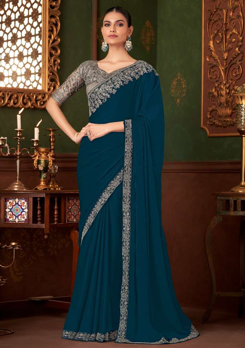Teal Blue Printed Chiffon Saree Set for Diwali and Festive Wear - Indya