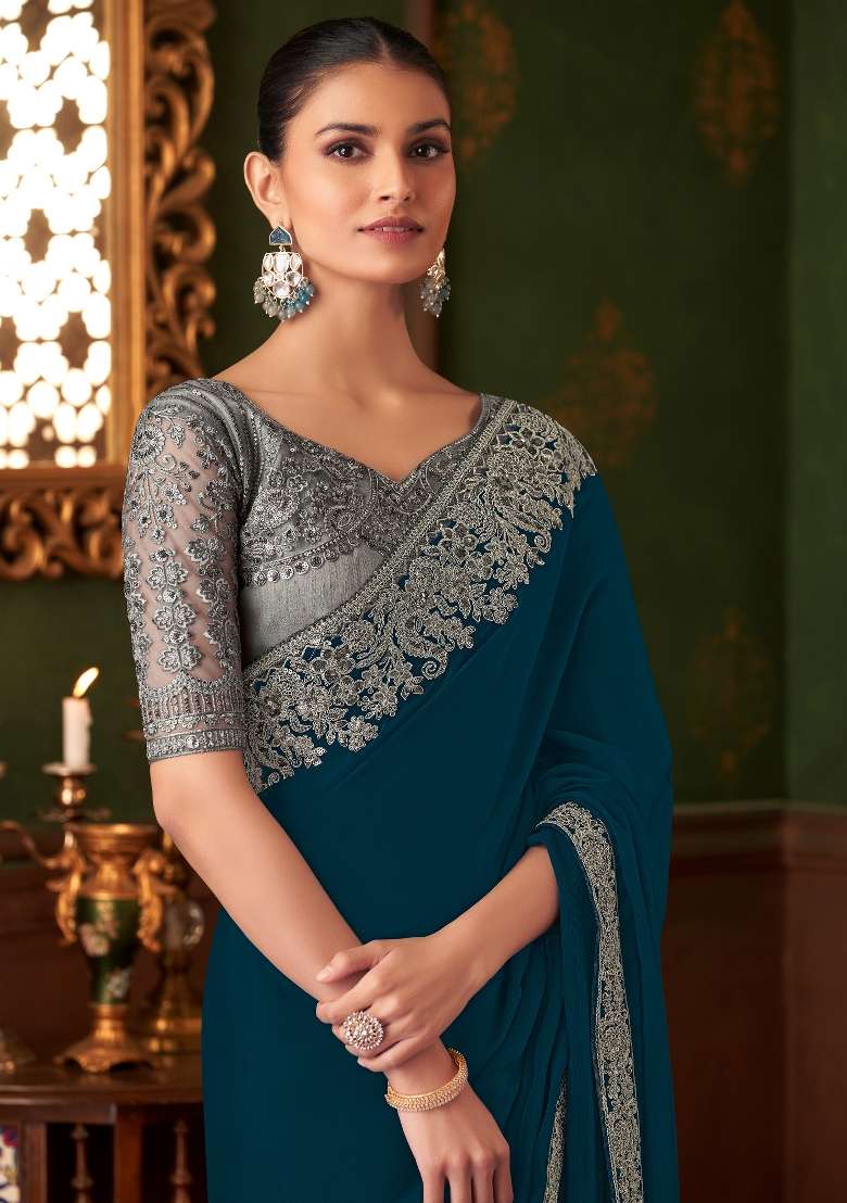 Teal Blue Printed Chiffon Saree Set for Diwali and Festive Wear - Indya