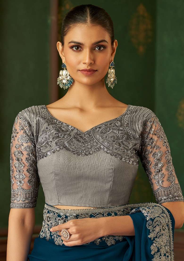 Teal Blue Printed Chiffon Saree Set for Diwali and Festive Wear - Indya