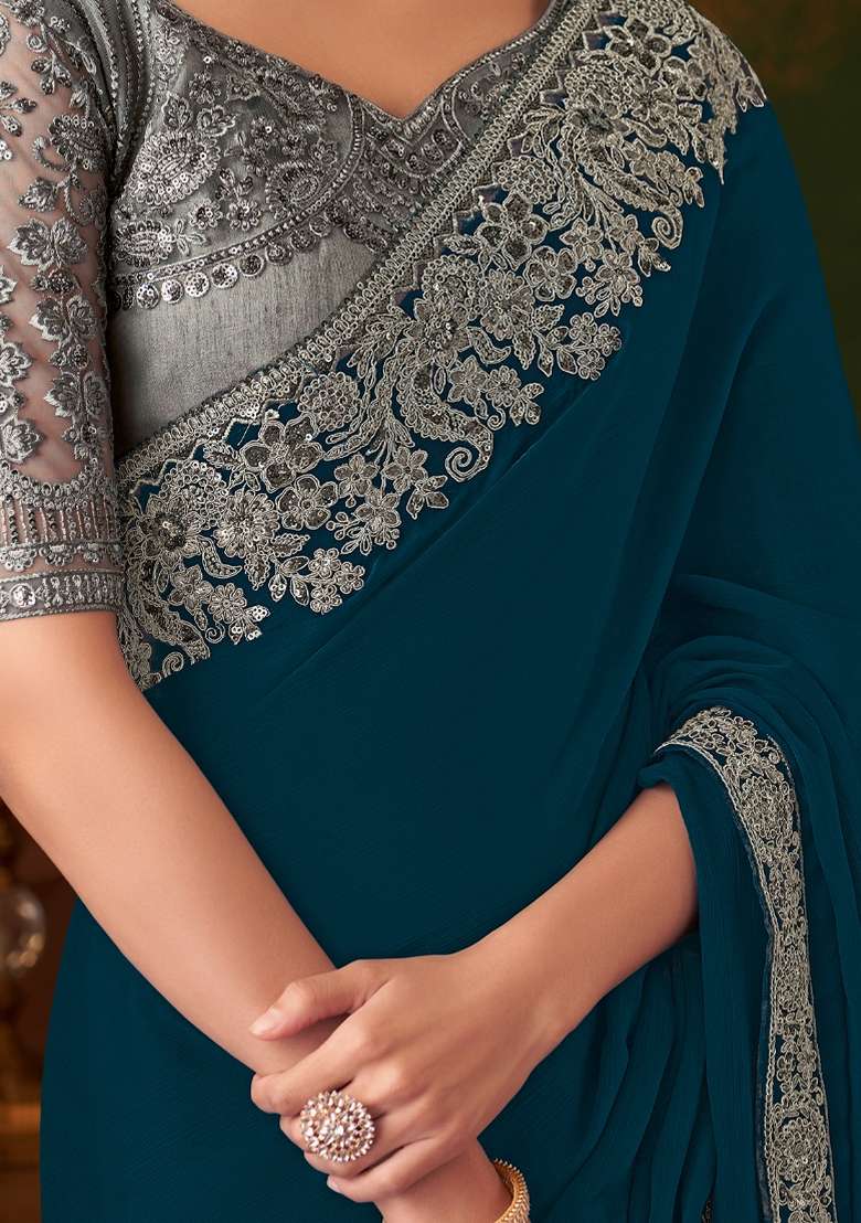 Teal Blue Printed Chiffon Saree Set for Diwali and Festive Wear - Indya