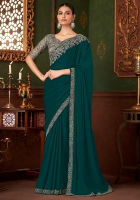 Teal Green Printed Chiffon Saree Set