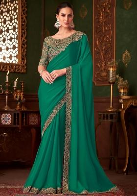 Sea Green Printed Satin Silk Saree Set