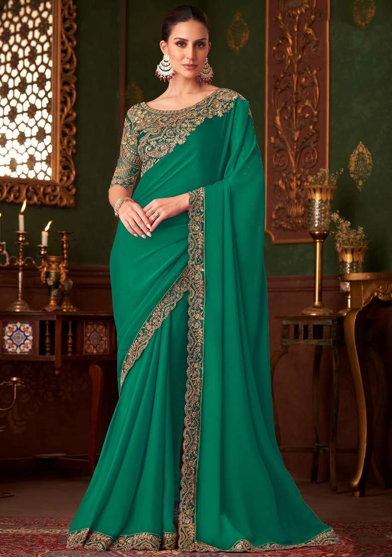 Sea Green Printed Satin Silk Saree Set - Indya