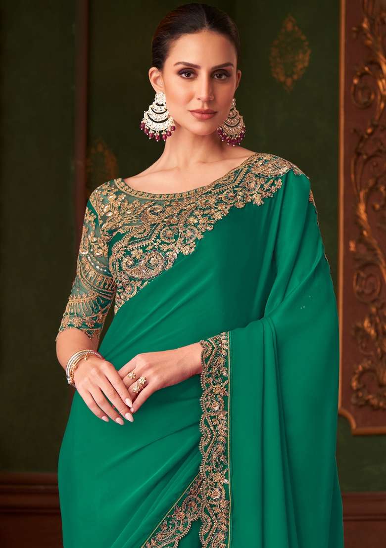 Sea Green Printed Satin Silk Saree Set - Indya
