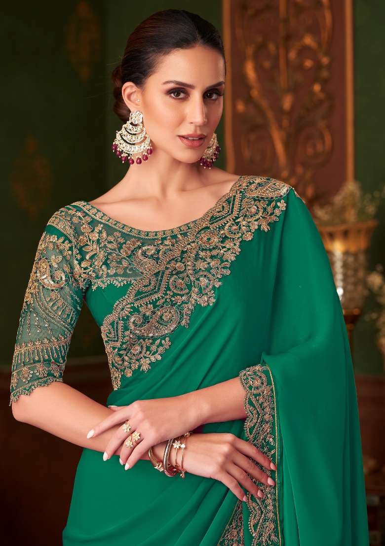 Sea Green Printed Satin Silk Saree Set - Indya