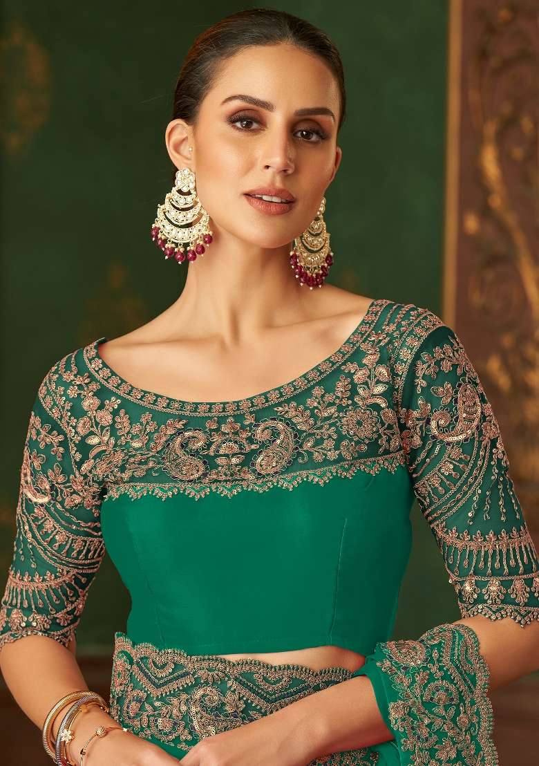Sea Green Printed Satin Silk Saree Set - Indya