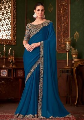 Blue Printed Satin Silk Saree Set