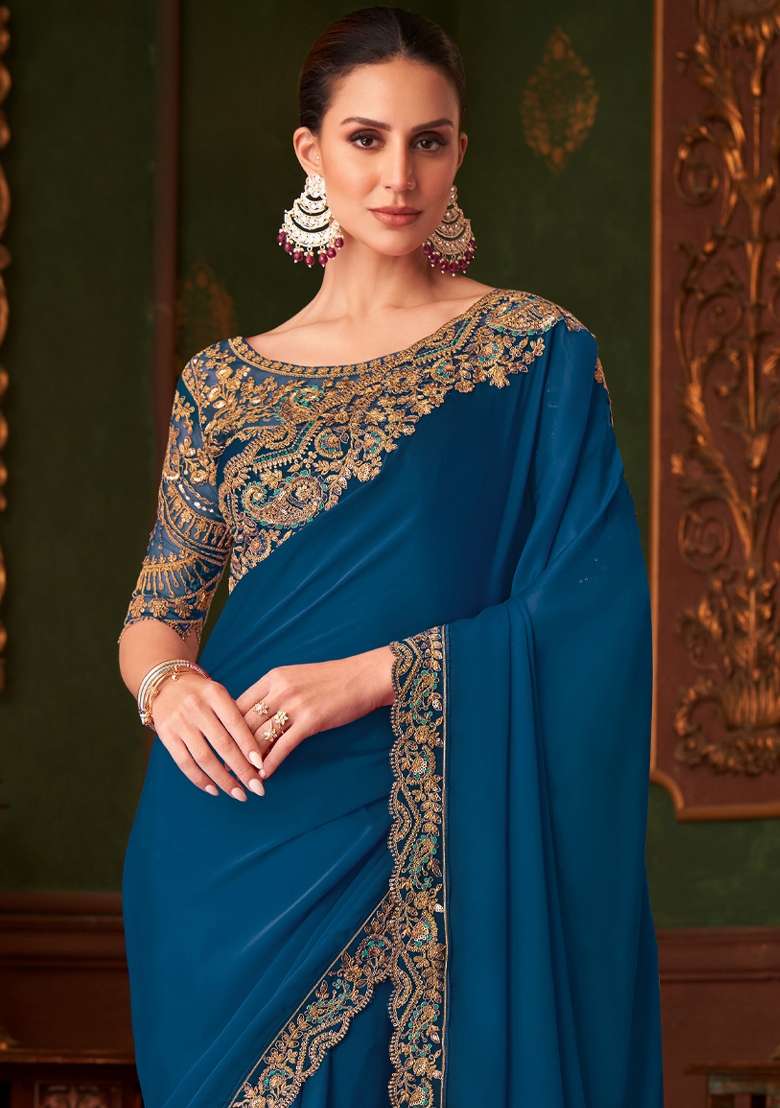 Blue Printed Satin Silk Blend Saree Set - Indya