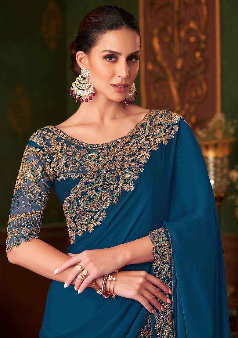 Blue Printed Satin Silk Blend Saree Set - Indya