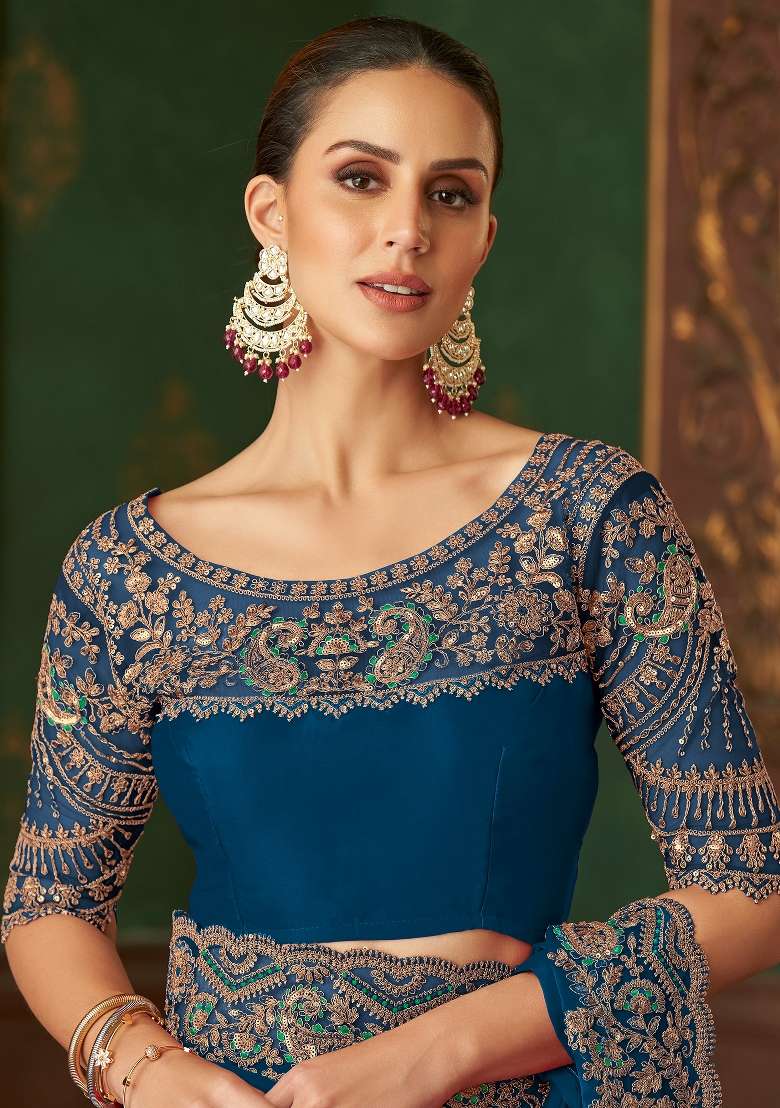 Blue Printed Satin Silk Blend Saree Set - Indya