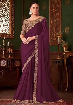 Burgundy Printed Satin Silk Saree Set