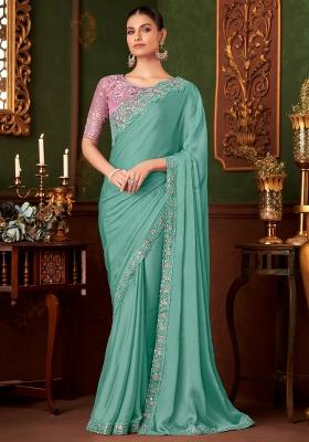 Light Blue Printed Chiffon Saree Set