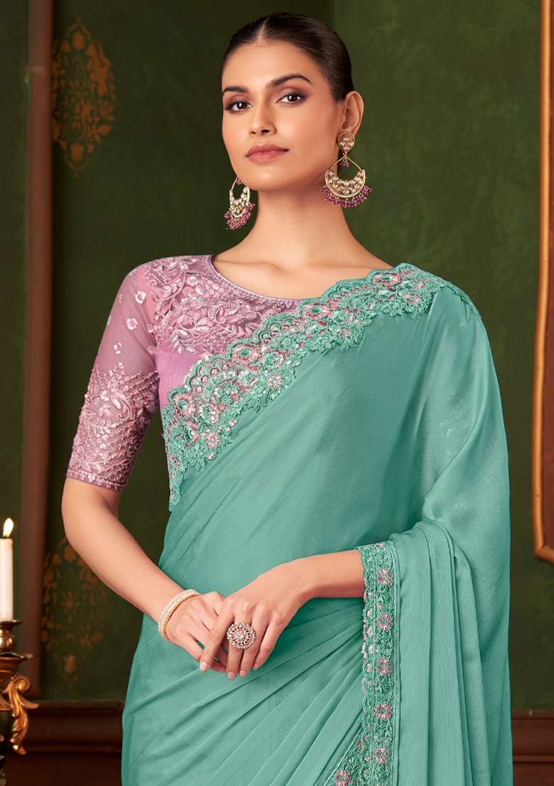 Light Blue Printed Chiffon Saree Set - Indya