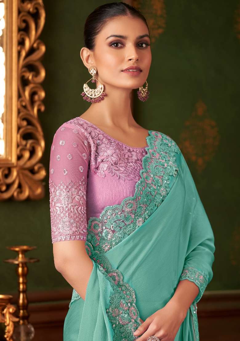 Light Blue Printed Chiffon Saree Set - Indya