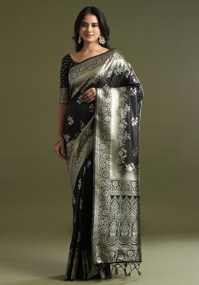Black Printed Soft Silk Saree Set