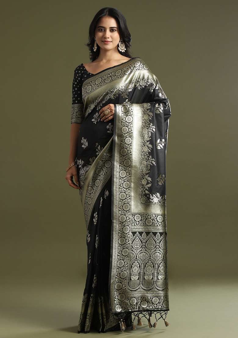 Black Printed Soft Silk Blend Saree Set for Diwali and Festive Wear - Indya