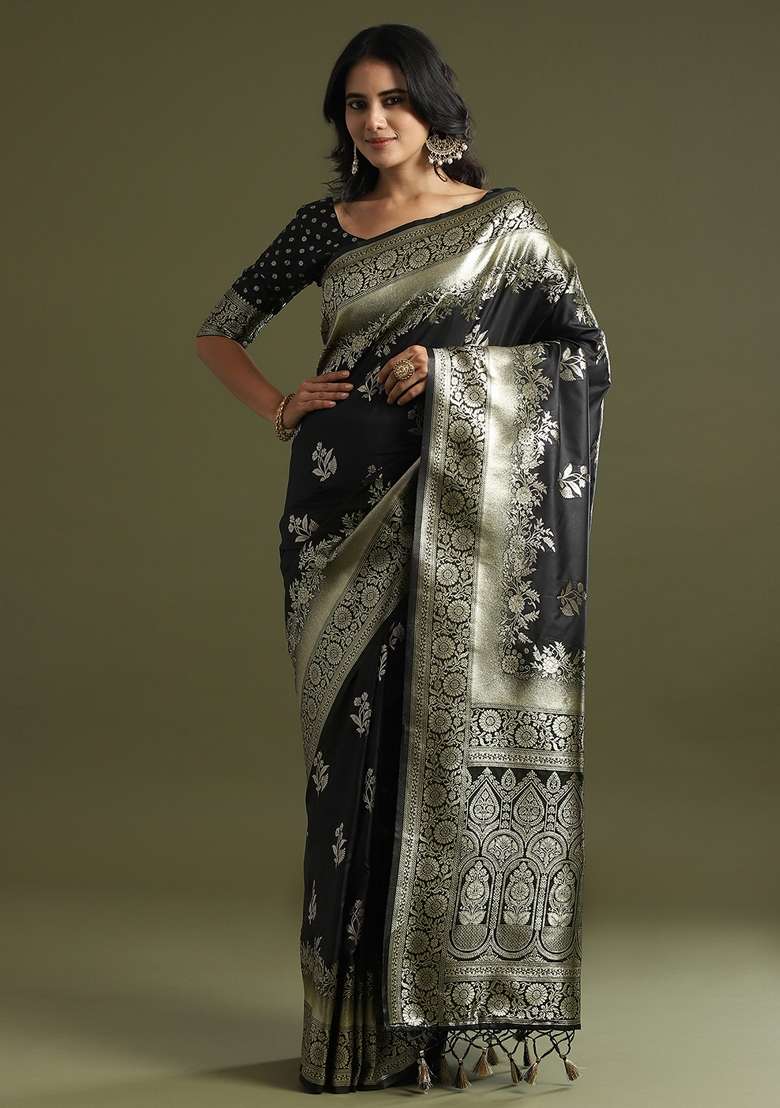 Black Printed Soft Silk Blend Saree Set for Diwali and Festive Wear - Indya