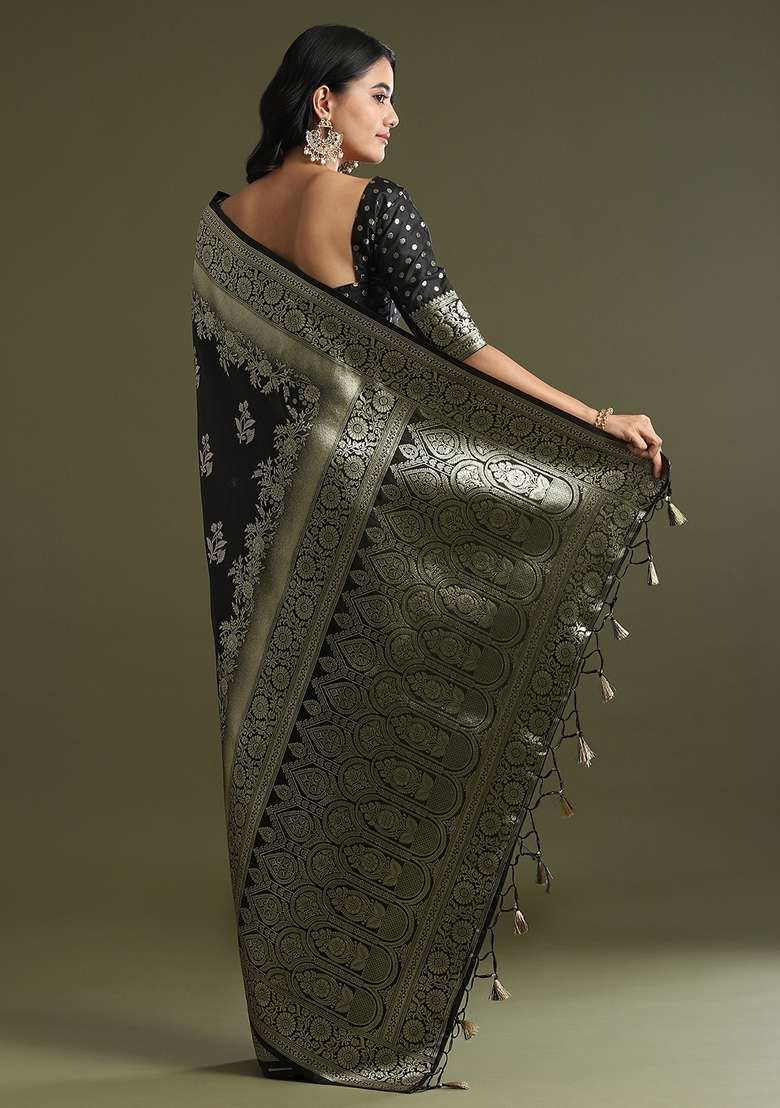 Black Printed Soft Silk Blend Saree Set for Diwali and Festive Wear - Indya