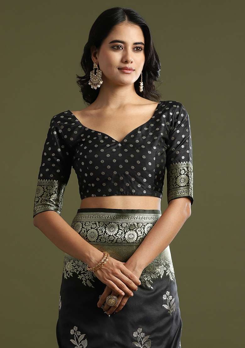 Black Printed Soft Silk Blend Saree Set for Diwali and Festive Wear - Indya
