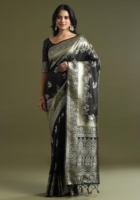 Black Printed Soft Silk Saree Set — view on Indya