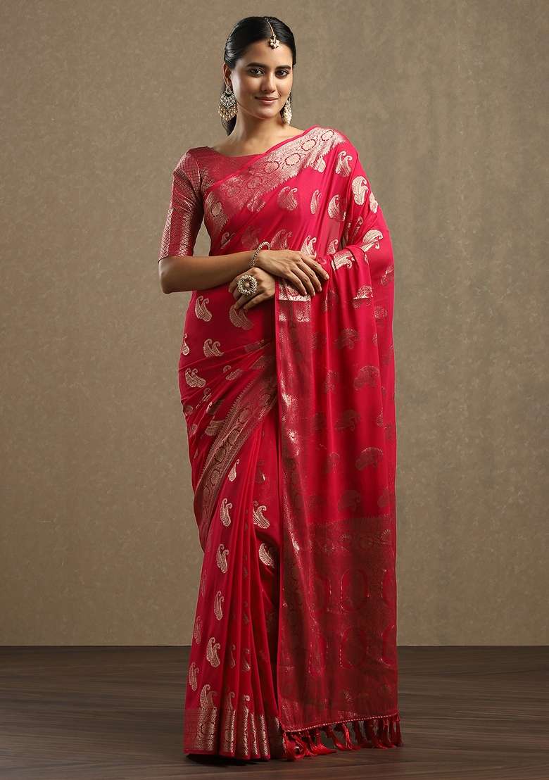 Pink Printed Georgette Saree Set for Diwali and Festive Wear - Indya