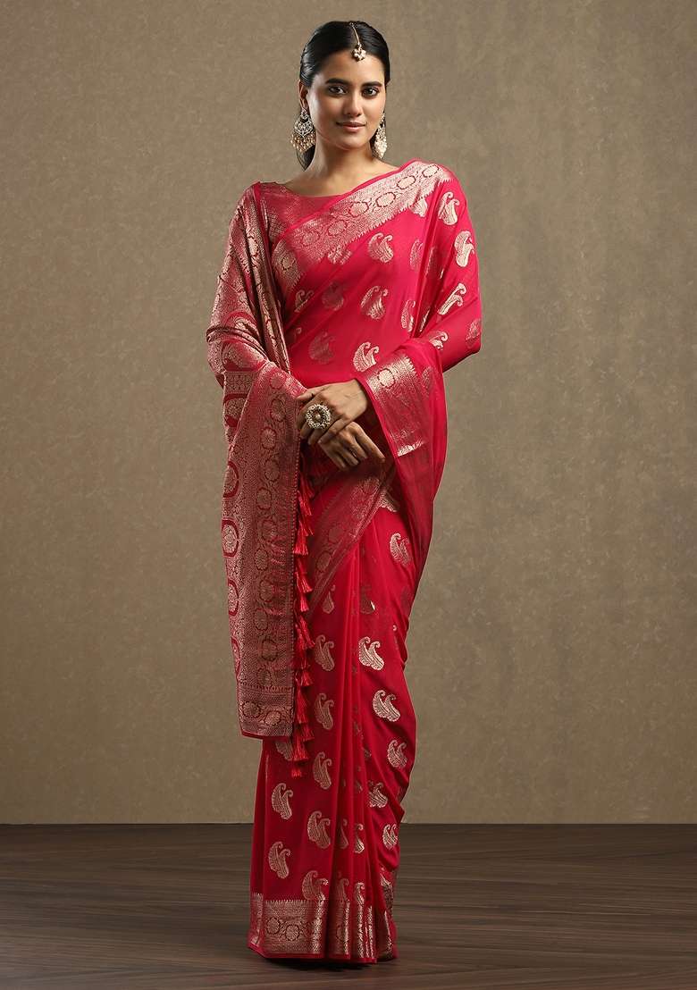Pink Printed Georgette Saree Set for Diwali and Festive Wear - Indya