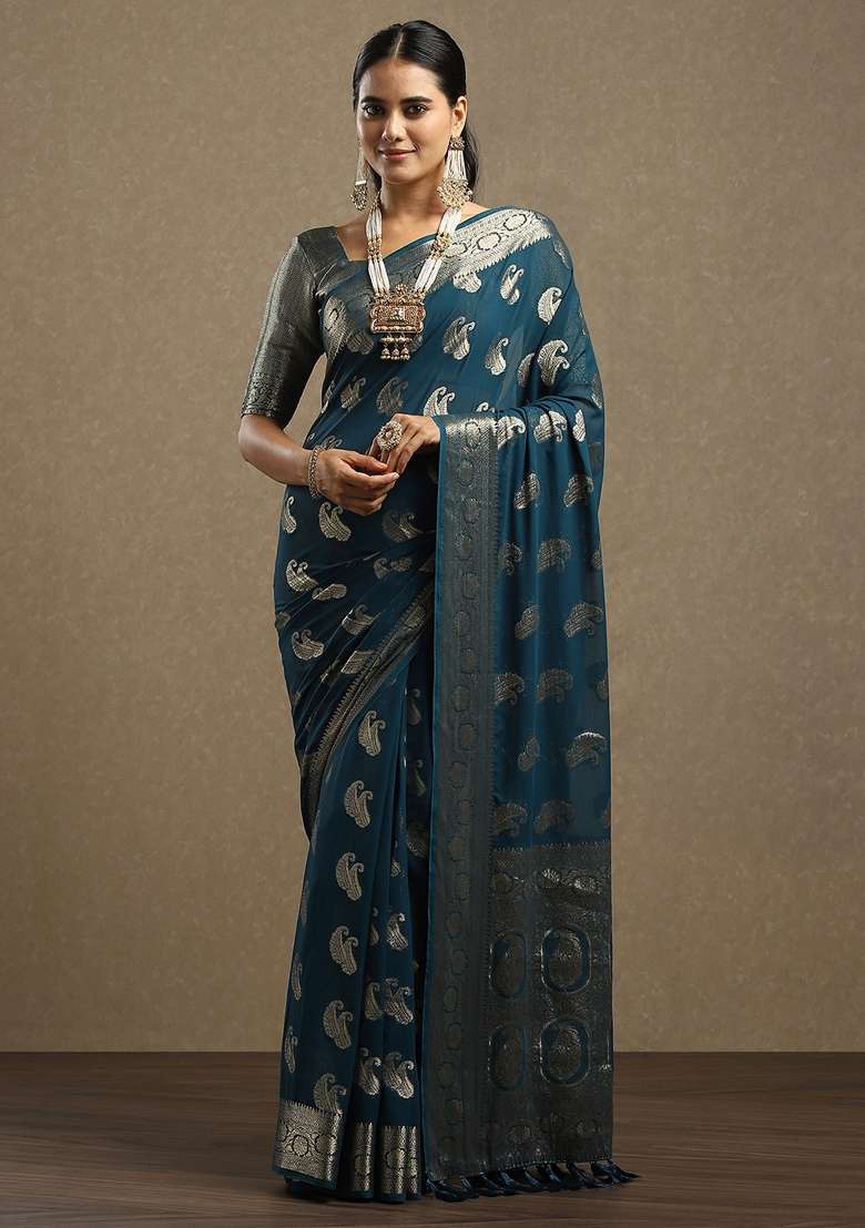 Teal Blue Printed Georgette Saree Set - Indya
