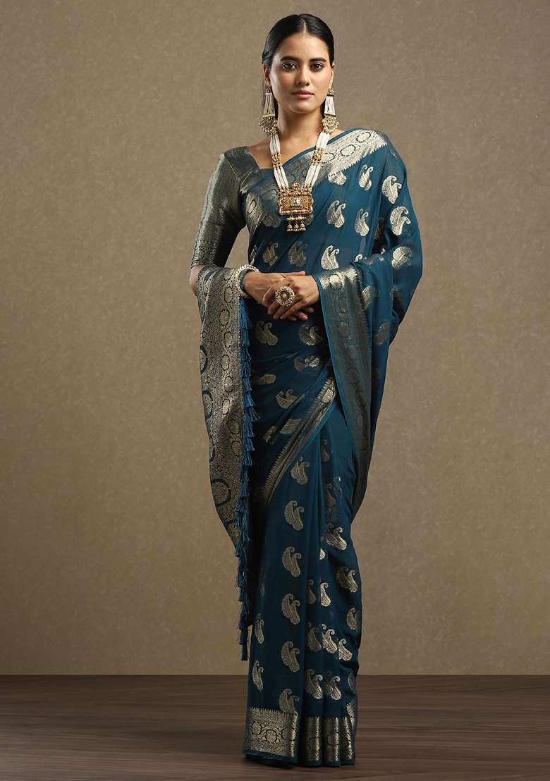 Teal Blue Printed Georgette Saree Set - Indya