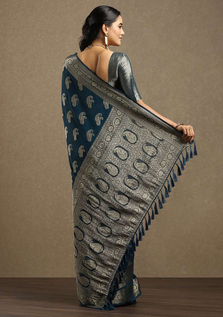 Teal Blue Printed Georgette Saree Set - Indya